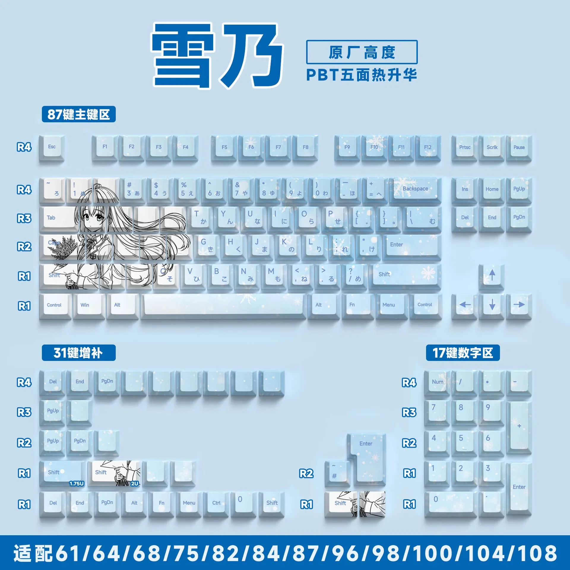Jeu de touches PBT pour clavier mécanique - 129/135 touches - Thème Anime - Gravure latérale translucide slide 13