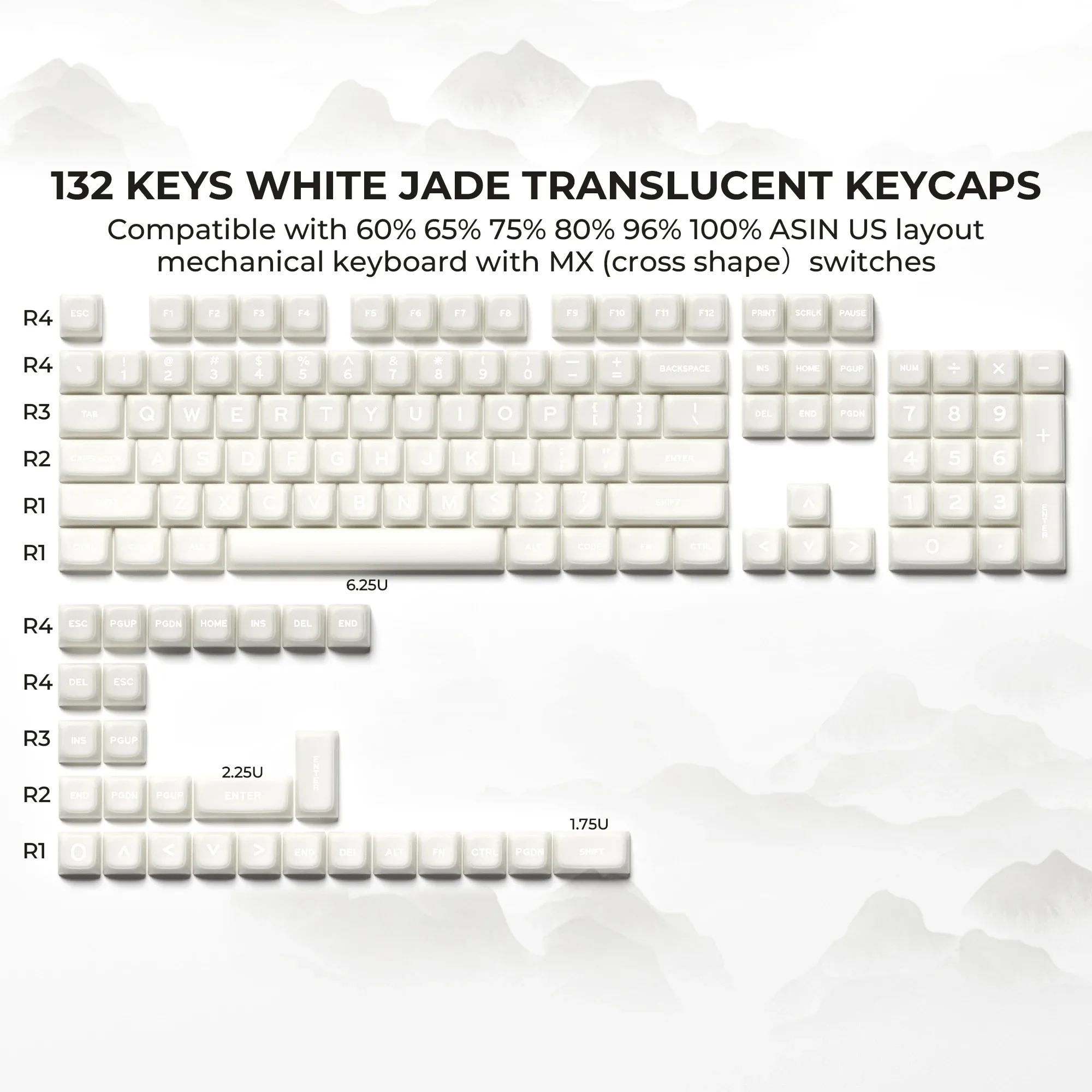 XVX Jeu de touches PBT Profil MDA Jade Blanc - 132 touches - Double Injection Rétroéclairé slide 8