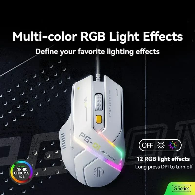 Souris Gamer Filaire Inphic PG1, Rétroéclairage RGB, 12 800 DPI, 6 Boutons Programmables, 1000 Hz slide 4