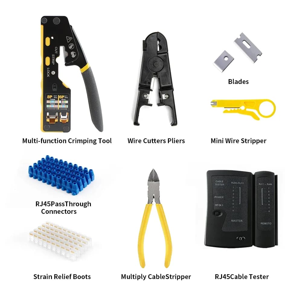 Kit de sertissage RJ45 8-en-1 avec testeur de câbles, 50 connecteurs Cat6 et manchons de protection slide 2