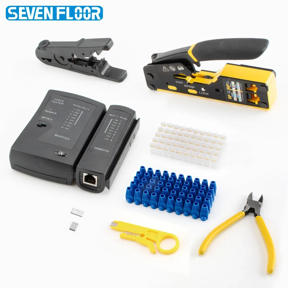 Kit de sertissage RJ45 8-en-1 avec testeur de câbles, 50 connecteurs Cat6 et manchons de protection