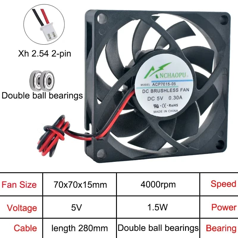 Ventilateur de refroidissement axial ACP7015, 70x70x15 mm, 5V/12V/24V DC, 2 broches - Image 4