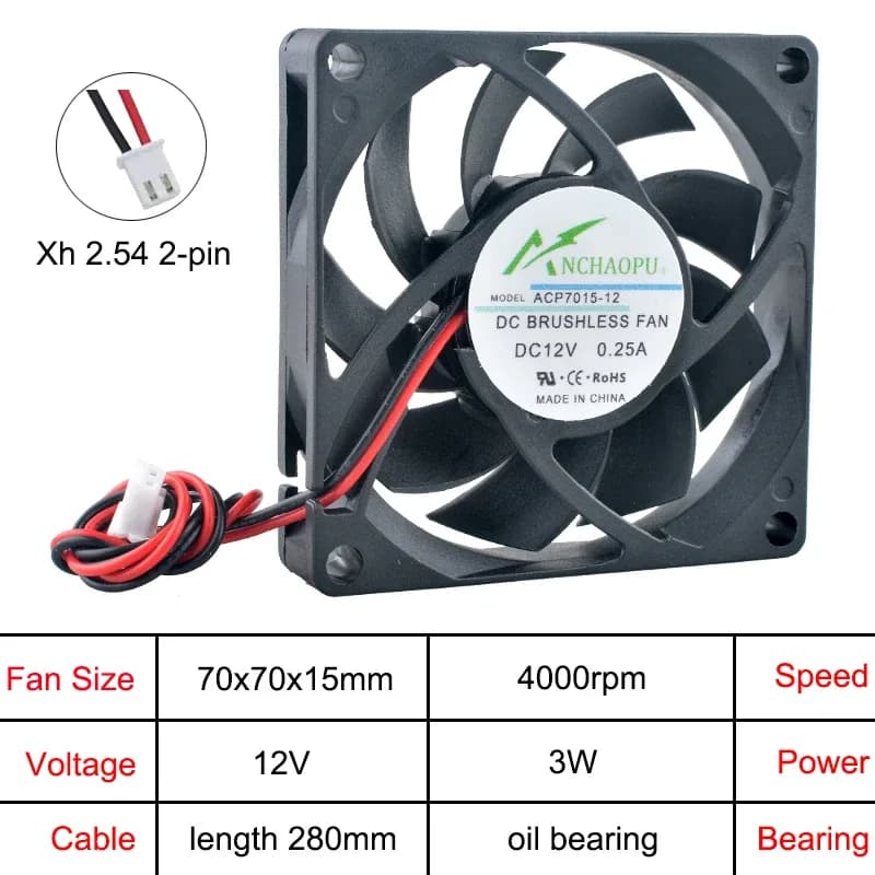 Ventilateur de refroidissement axial ACP7015, 70x70x15 mm, 5V/12V/24V DC, 2 broches slide 9