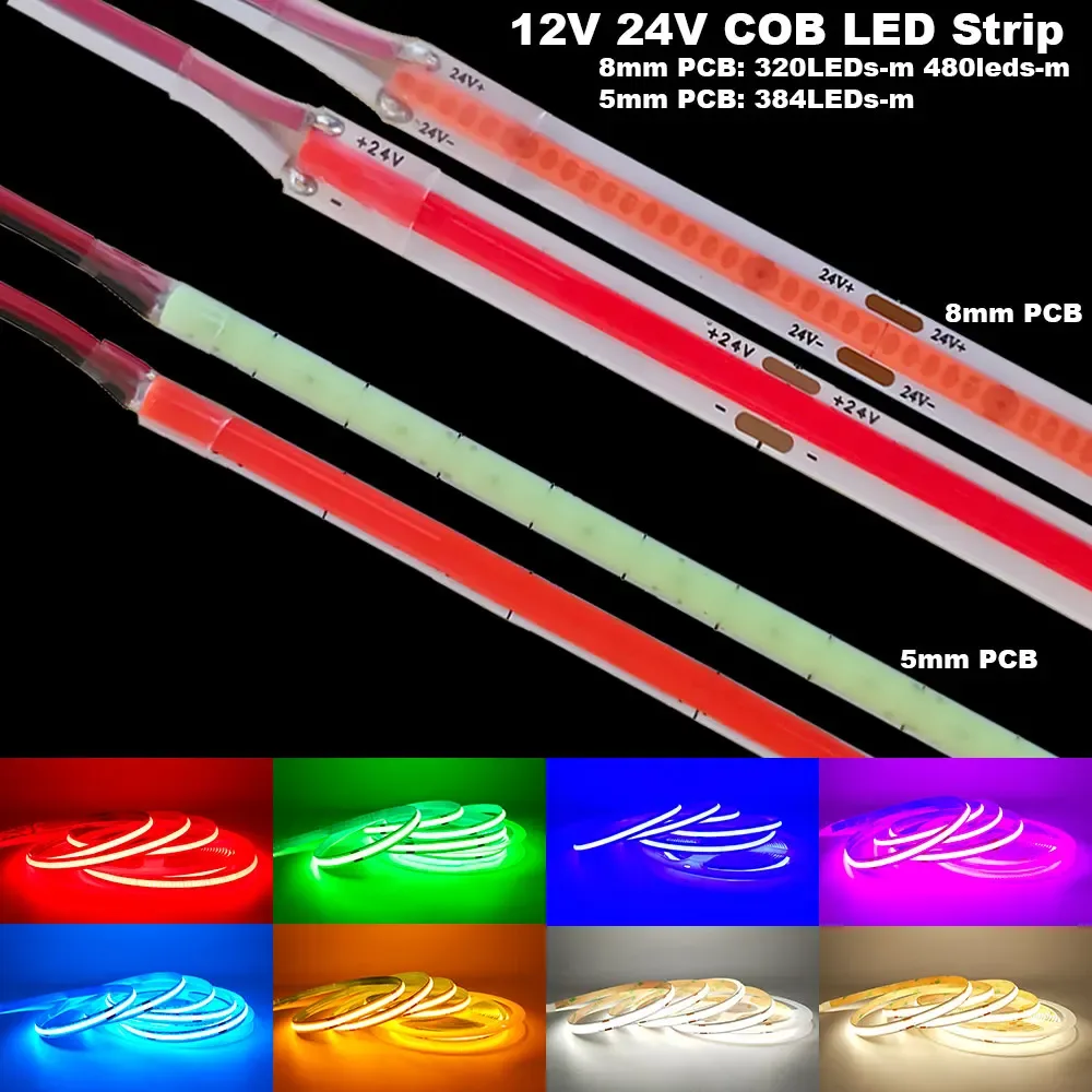 Ruban LED COB 12V/24V - Largeurs 5mm/8mm - Plusieurs coloris et températures de blanc - Image 1