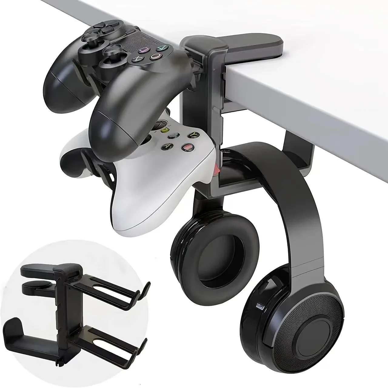 Support 3-en-1 pour casque et manettes avec pince réglable et bras rotatif