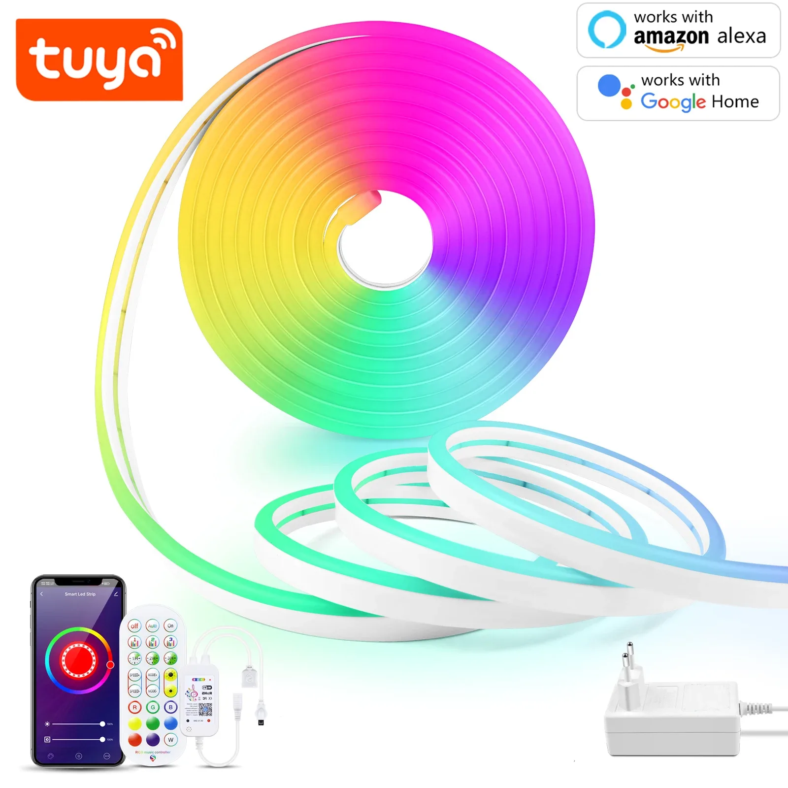 Ruban LED Néon Connecté RGB WiFi (12V-24V) avec Prise UE - Compatible Tuya & Smart Life