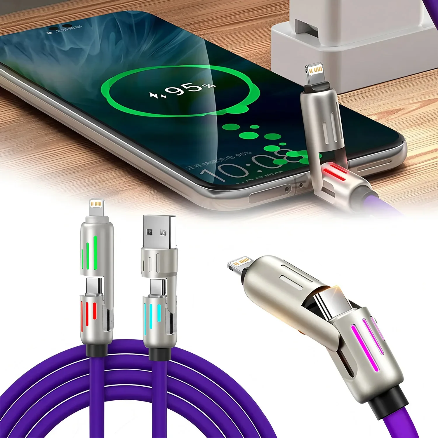 Câble de charge rapide 4-en-1 USB-A/USB-C vers USB-C et Lightning - Image 5