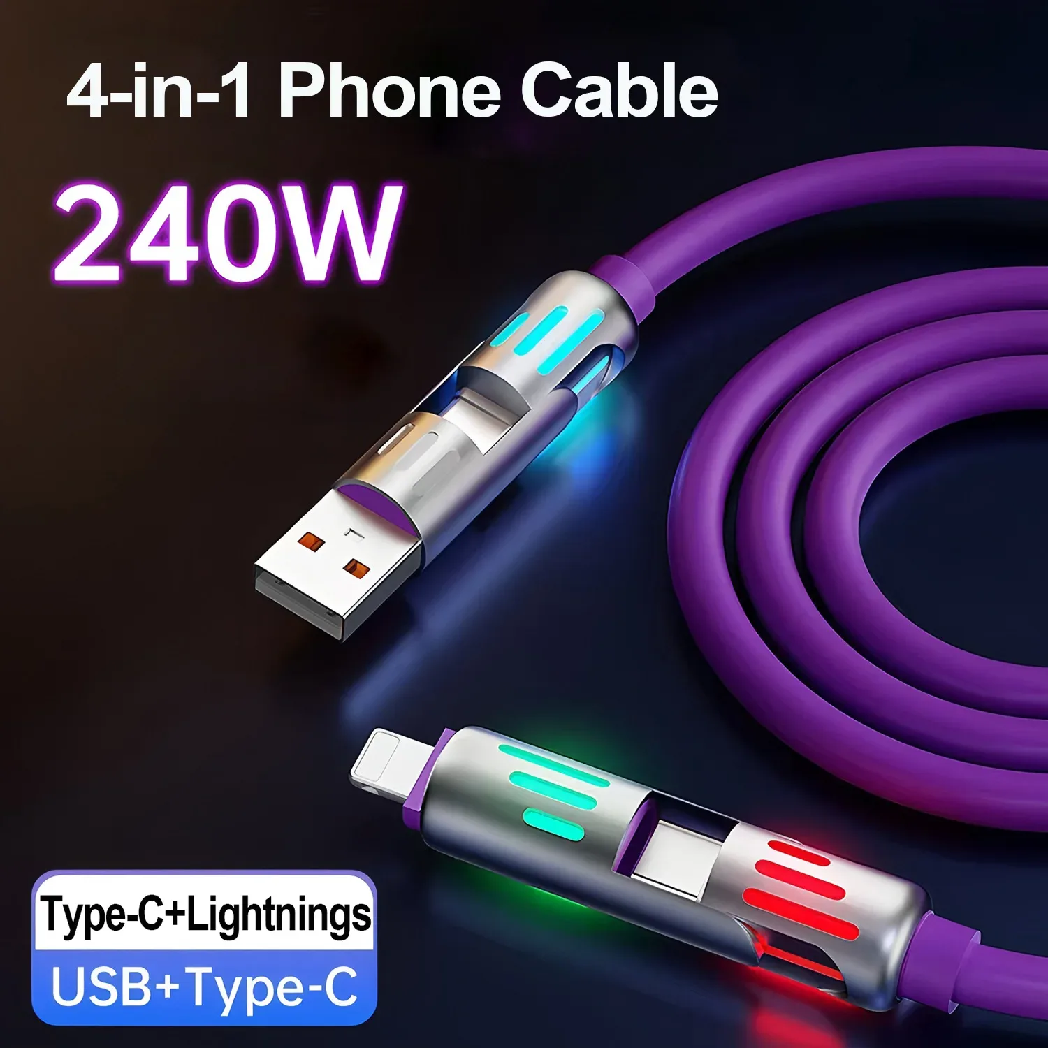 Câble de charge rapide 4-en-1 USB-A/USB-C vers USB-C et Lightning - Image 1