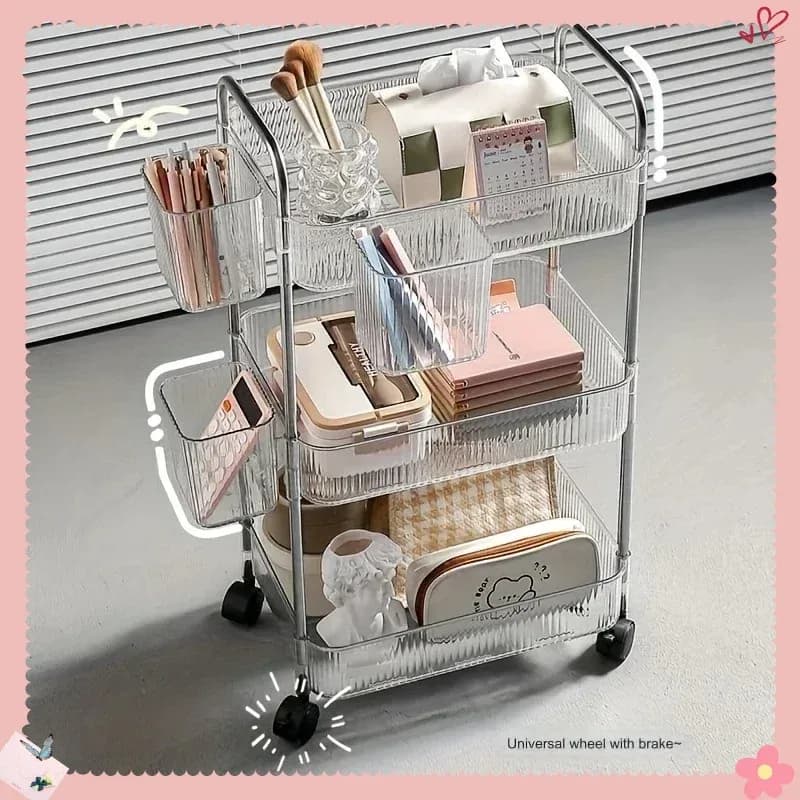 Chariot de rangement transparent à 3 niveaux sur roulettes - Image 1