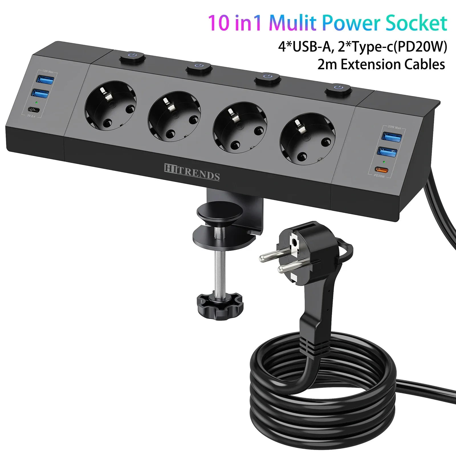 Bloc multiprise encastrable de bureau - 4 prises AC, 4 ports USB-A, 2 ports USB-C, 4 interrupteurs individuels, câble 2 m