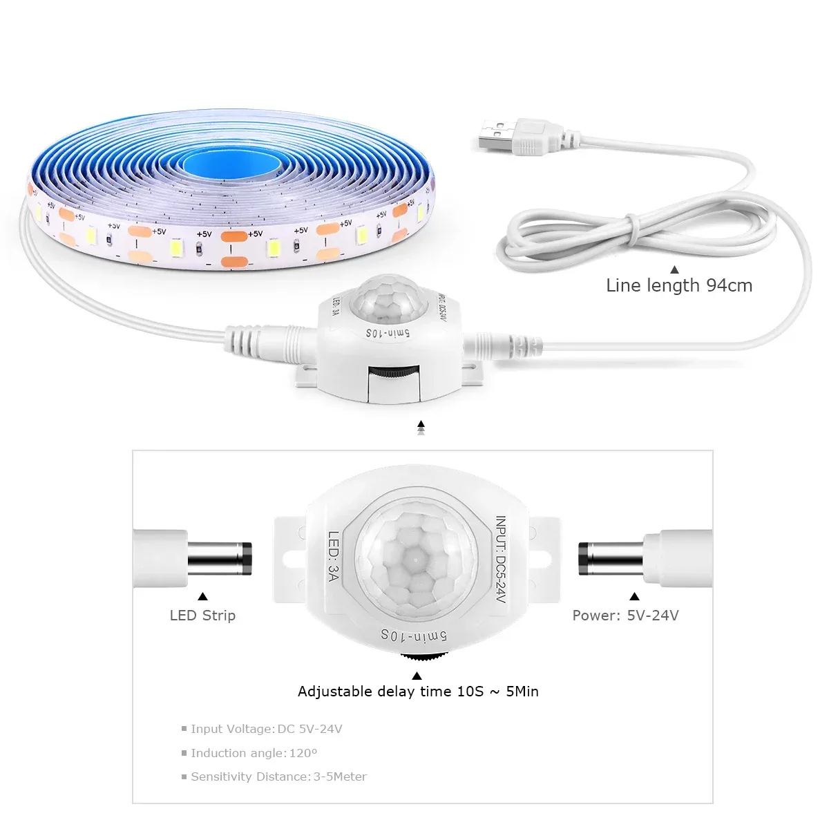 Ruban LED flexible avec détecteur de mouvement PIR, alimentation USB 5V - Image 1