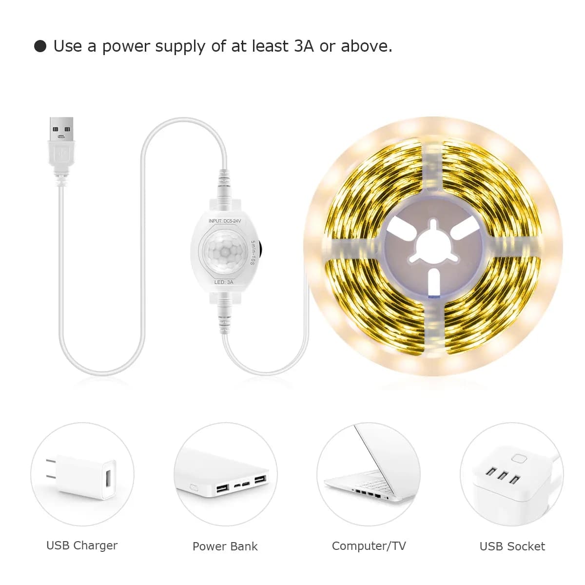 Ruban LED flexible avec détecteur de mouvement PIR, alimentation USB 5V - Image 4