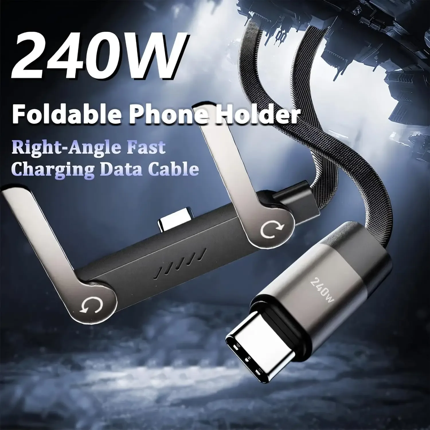 Câble USB-C 2-en-1 avec support de téléphone intégré 90° - Charge rapide 240W - Image 3