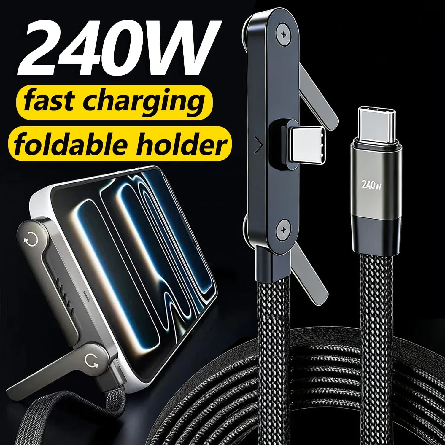 Câble USB-C 2-en-1 avec support de téléphone intégré 90° - Charge rapide 240W - Image 1