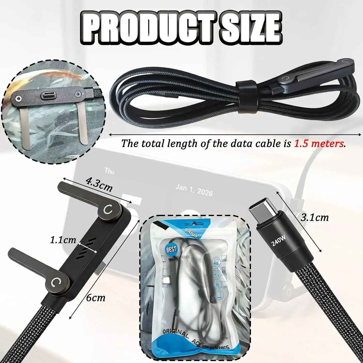 Câble USB-C 2-en-1 avec support de téléphone intégré 90° - Charge rapide 240W - Image 6