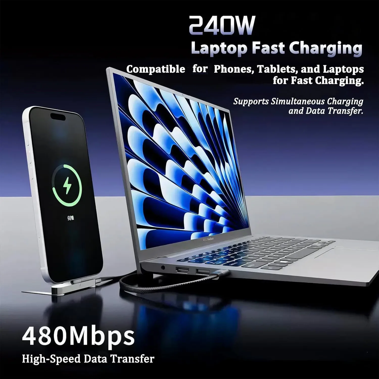 Câble USB-C 2-en-1 avec support de téléphone intégré 90° - Charge rapide 240W - Image 4