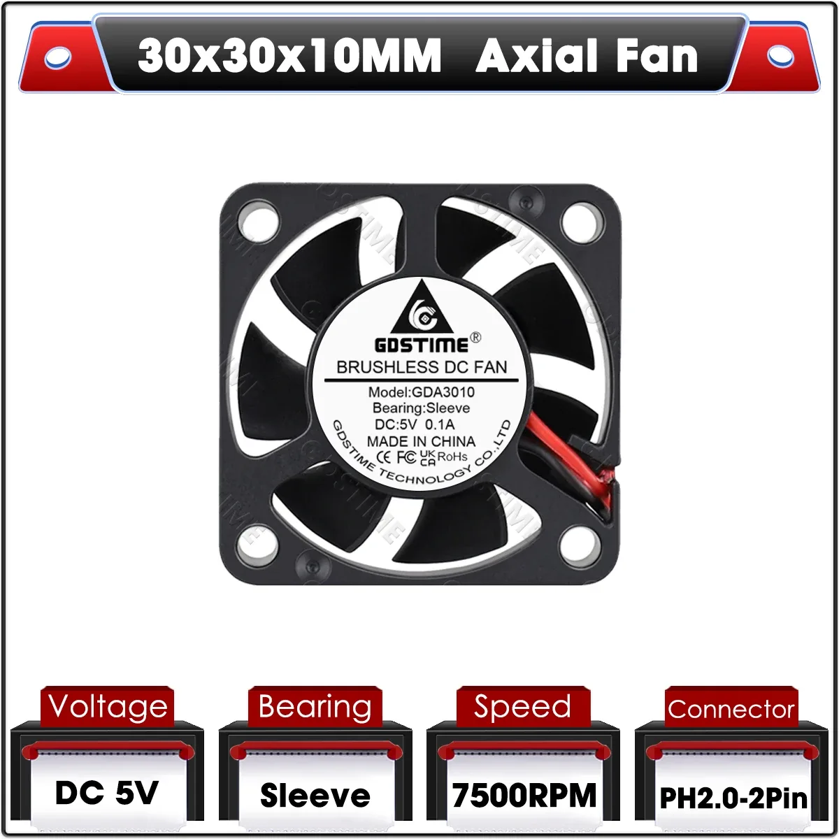 Gdstime Ventilateur de Refroidissement Axial 30x30x10 mm 5V/12V/24V à Double Roulement à Billes Sans Balais slide 7