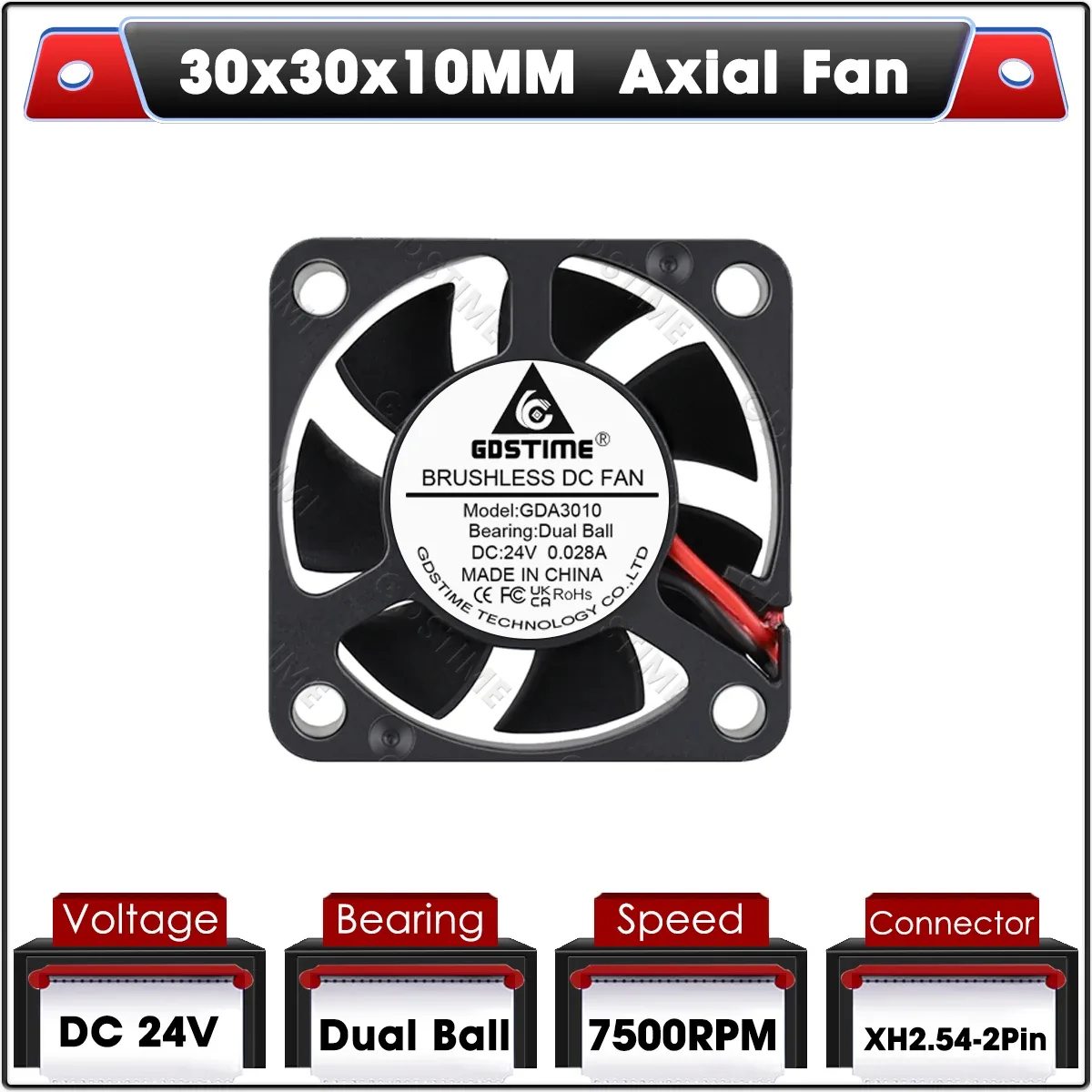 Gdstime Ventilateur de Refroidissement Axial 30x30x10 mm 5V/12V/24V à Double Roulement à Billes Sans Balais slide 8