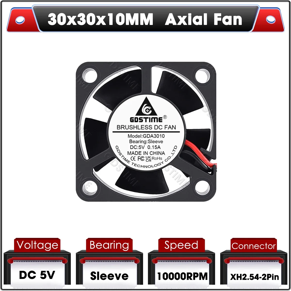 Gdstime Ventilateur de Refroidissement Axial 30x30x10 mm 5V/12V/24V à Double Roulement à Billes Sans Balais slide 11