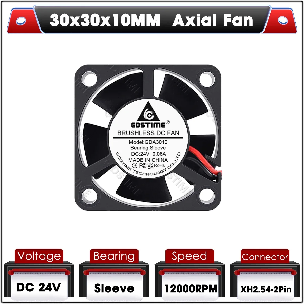 Gdstime Ventilateur de Refroidissement Axial 30x30x10 mm 5V/12V/24V à Double Roulement à Billes Sans Balais slide 12