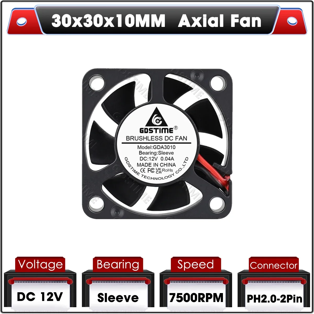 Gdstime Ventilateur de Refroidissement Axial 30x30x10 mm 5V/12V/24V à Double Roulement à Billes Sans Balais slide 13
