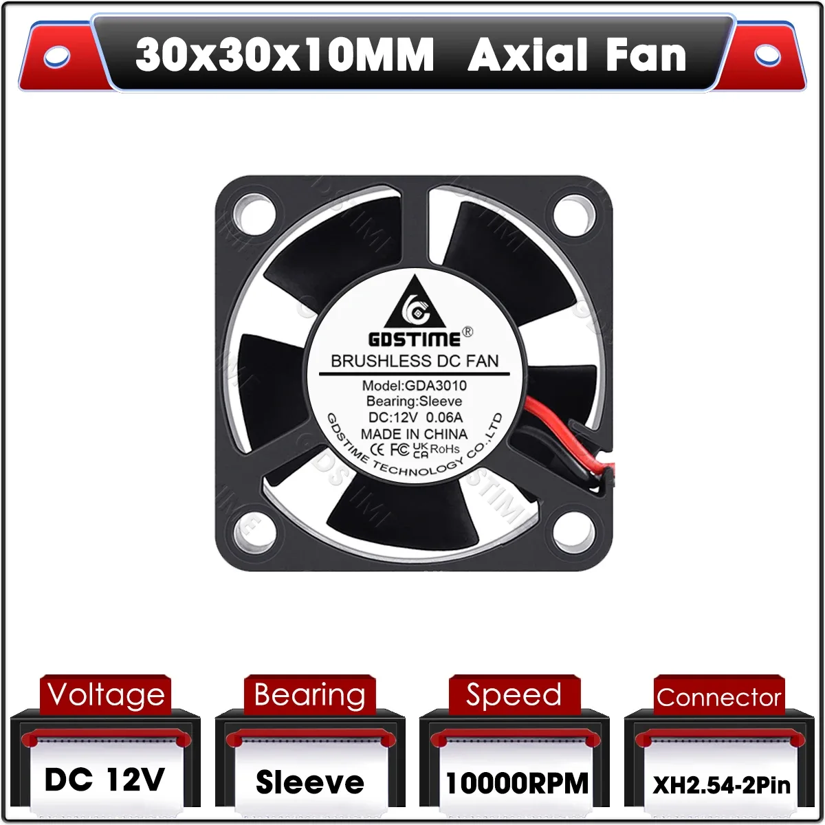 Gdstime Ventilateur de Refroidissement Axial 30x30x10 mm 5V/12V/24V à Double Roulement à Billes Sans Balais slide 16