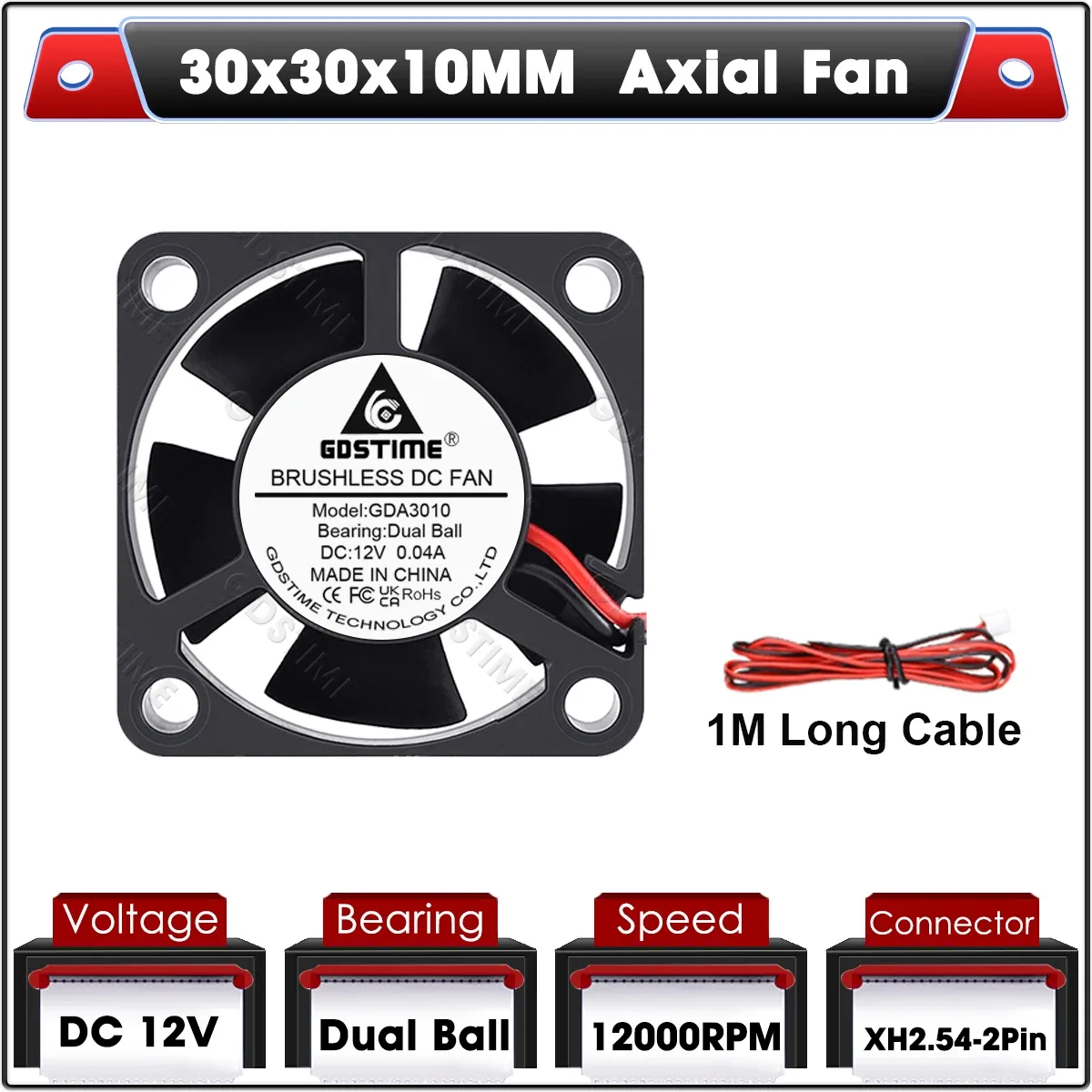 Gdstime Ventilateur de Refroidissement Axial 30x30x10 mm 5V/12V/24V à Double Roulement à Billes Sans Balais slide 17