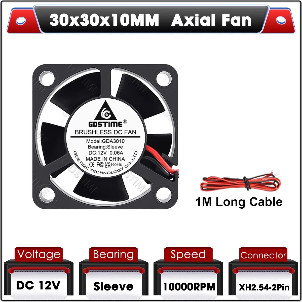 Gdstime Ventilateur de Refroidissement Axial 30x30x10 mm 5V/12V/24V à Double Roulement à Billes Sans Balais slide 19