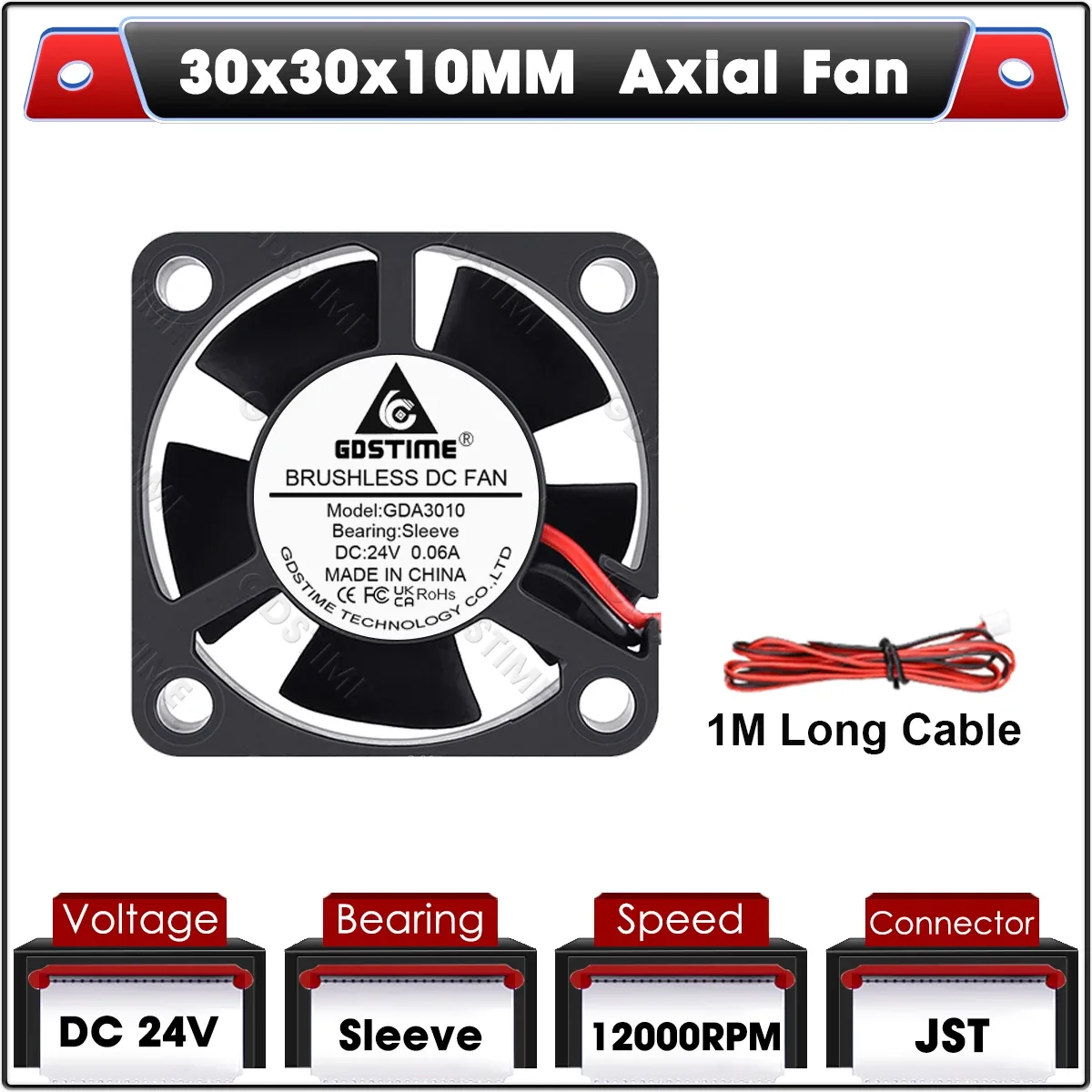 Gdstime Ventilateur de Refroidissement Axial 30x30x10 mm 5V/12V/24V à Double Roulement à Billes Sans Balais slide 21