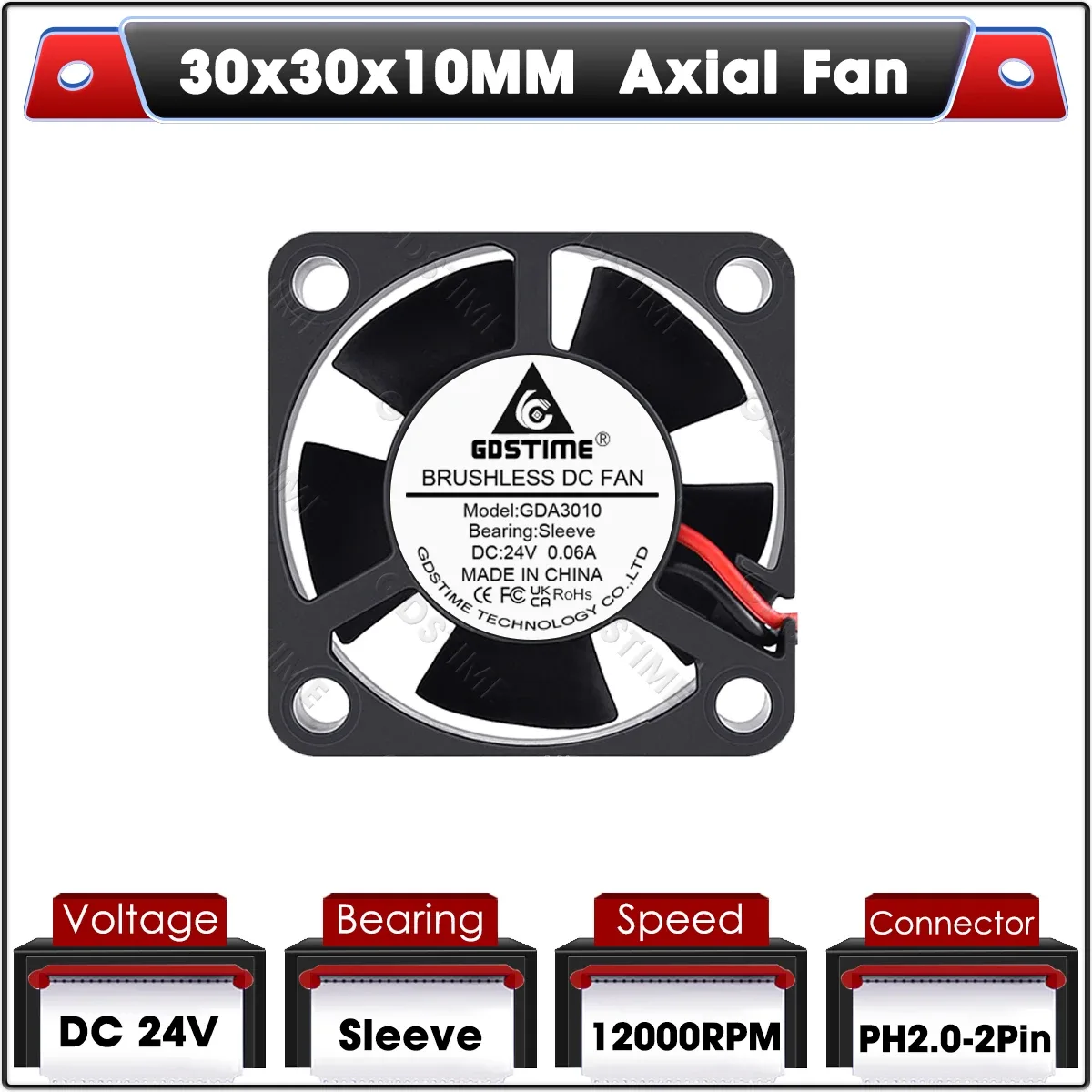 Gdstime Ventilateur de Refroidissement Axial 30x30x10 mm 5V/12V/24V à Double Roulement à Billes Sans Balais slide 23