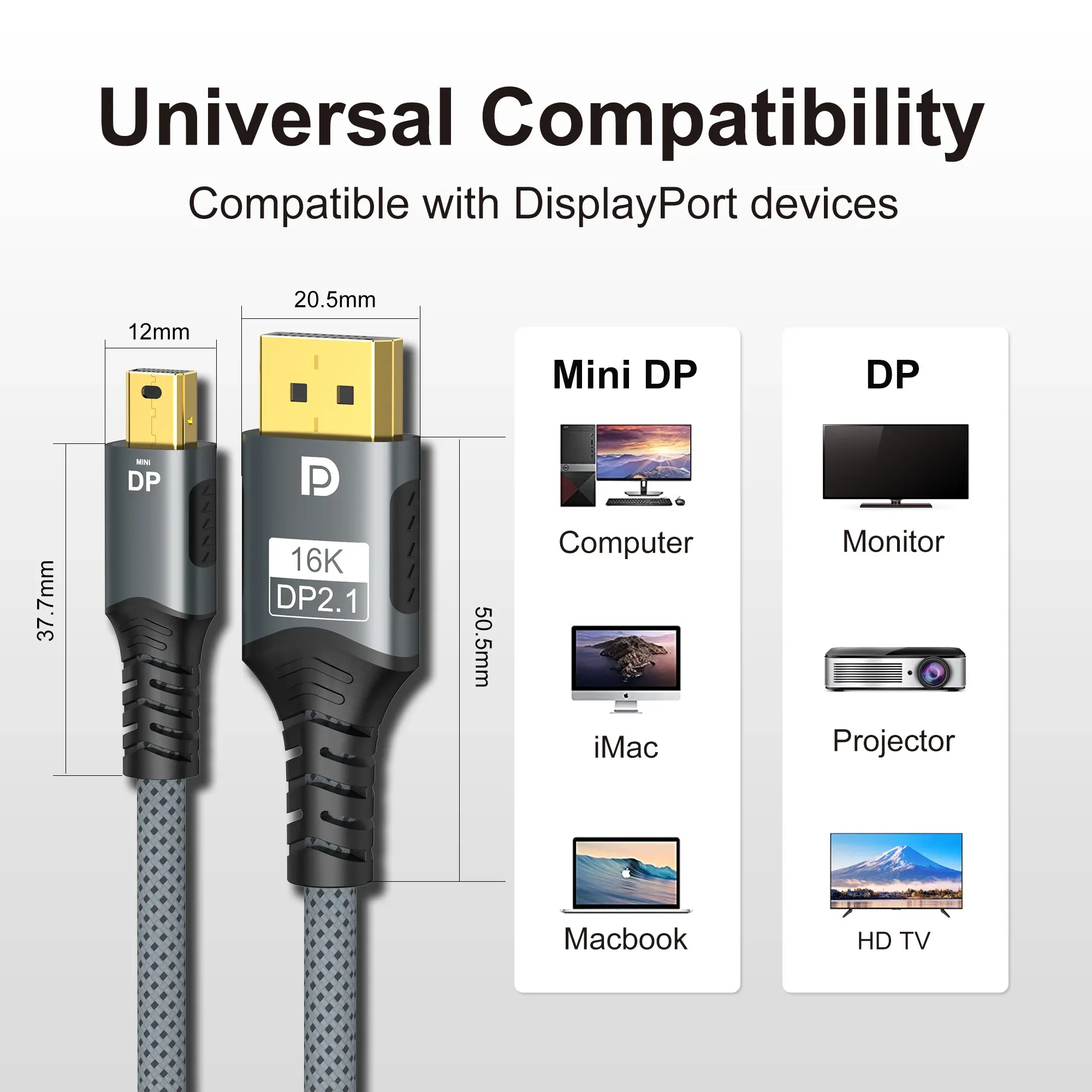 Câble Mini DisplayPort vers DisplayPort 2.1 Bidirectionnel 16K@60Hz 8K@120Hz pour MacBook Air et Projecteur - Image 3
