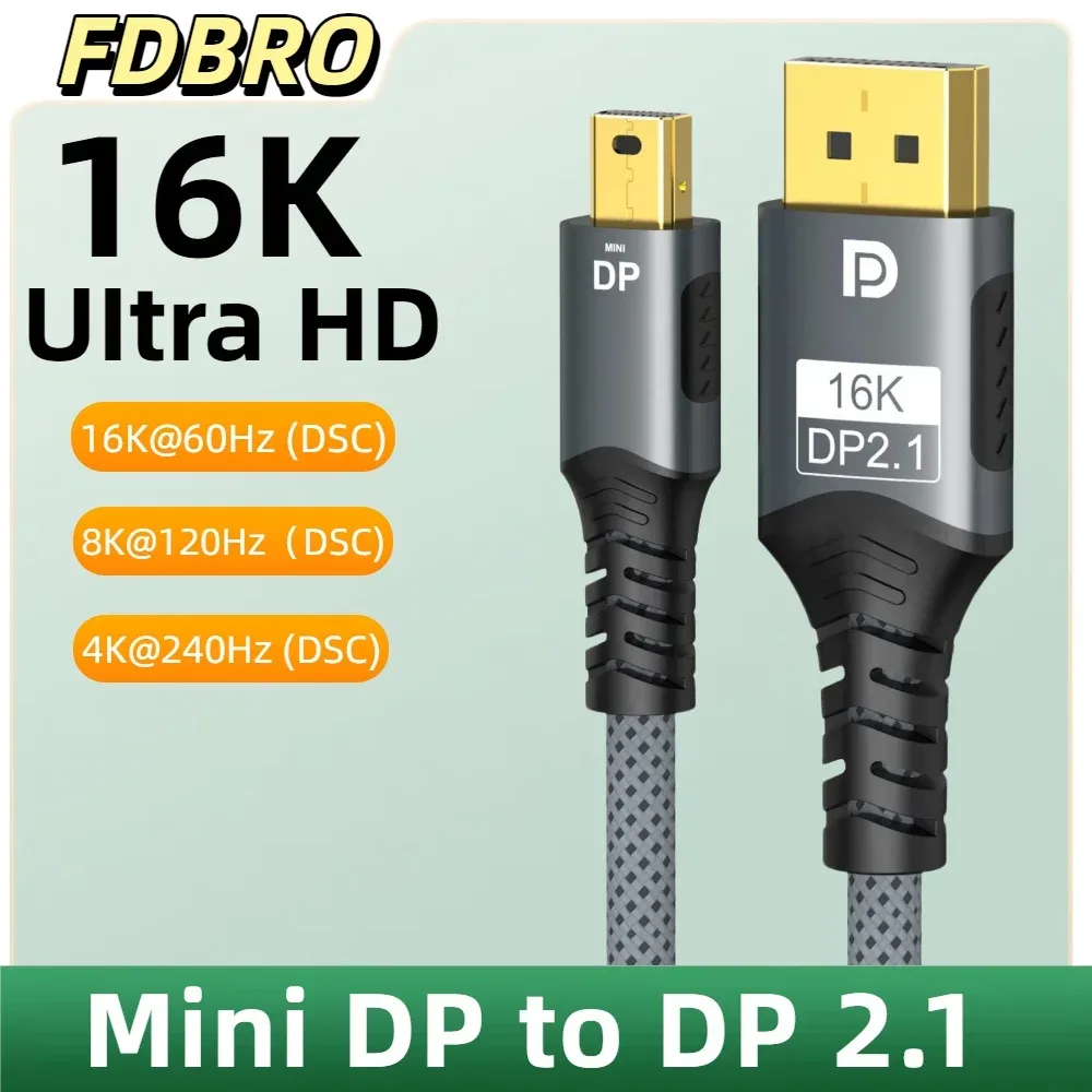 Câble Mini DisplayPort vers DisplayPort 2.1 Bidirectionnel 16K@60Hz 8K@120Hz pour MacBook Air et Projecteur - Image 1