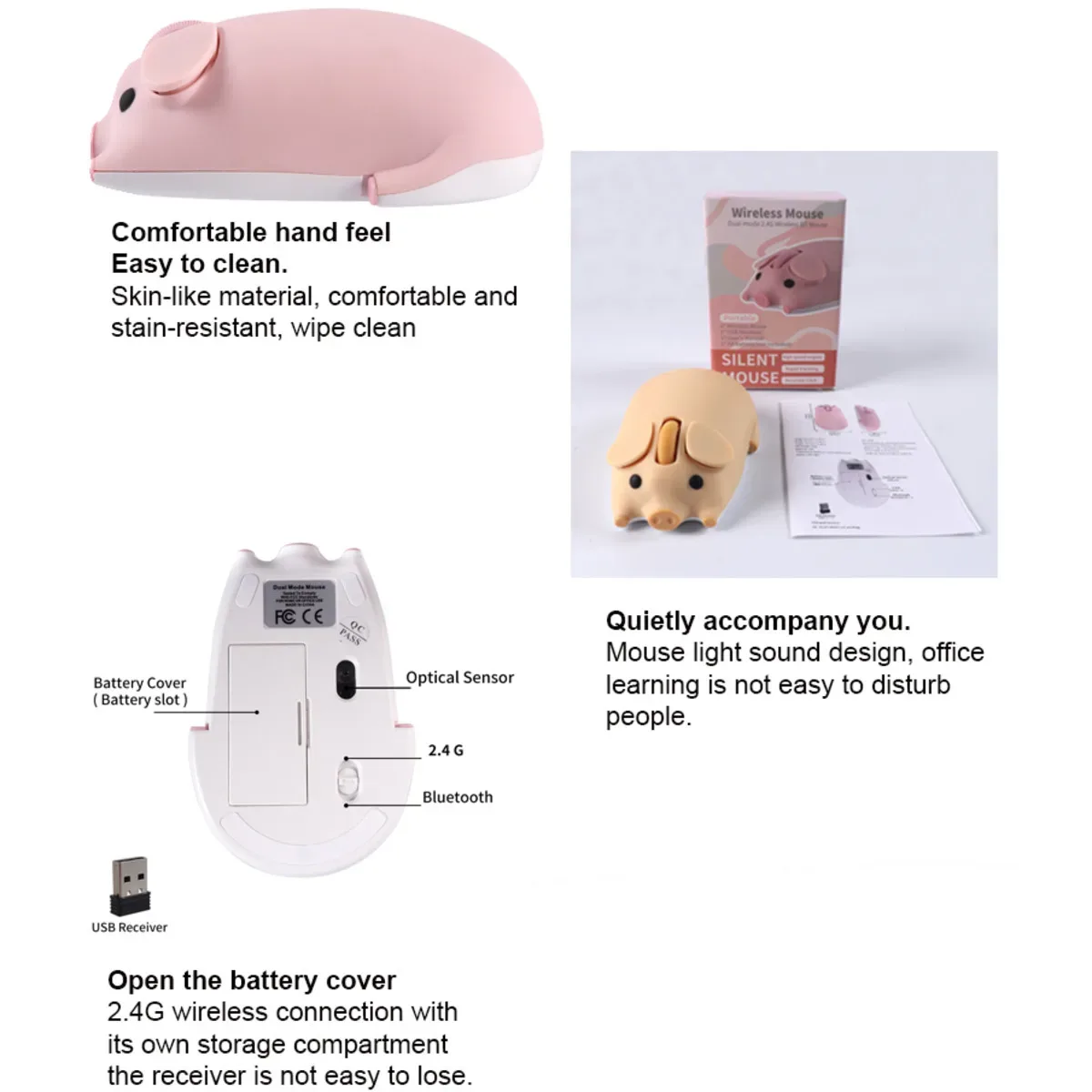 Souris optique sans fil ergonomique et silencieuse (Bluetooth + 2.4G) au design mignon pour enfants - Image 4