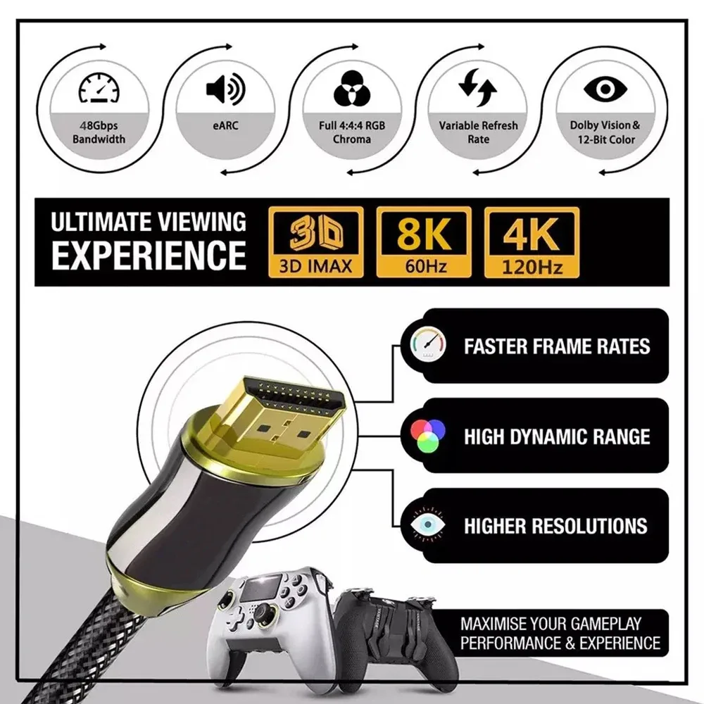 Câble HDMI 2.1 Ultra Haute Vitesse - 8K 60Hz / 4K 120Hz - 48Gbps - HDR & eARC - Compatible PS5, Apple TV et Projecteurs slide 2