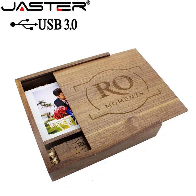 Album photo en bois avec coffret et clé USB 3.0 - Cadeau de mariage (170 x 170 x 35 mm)