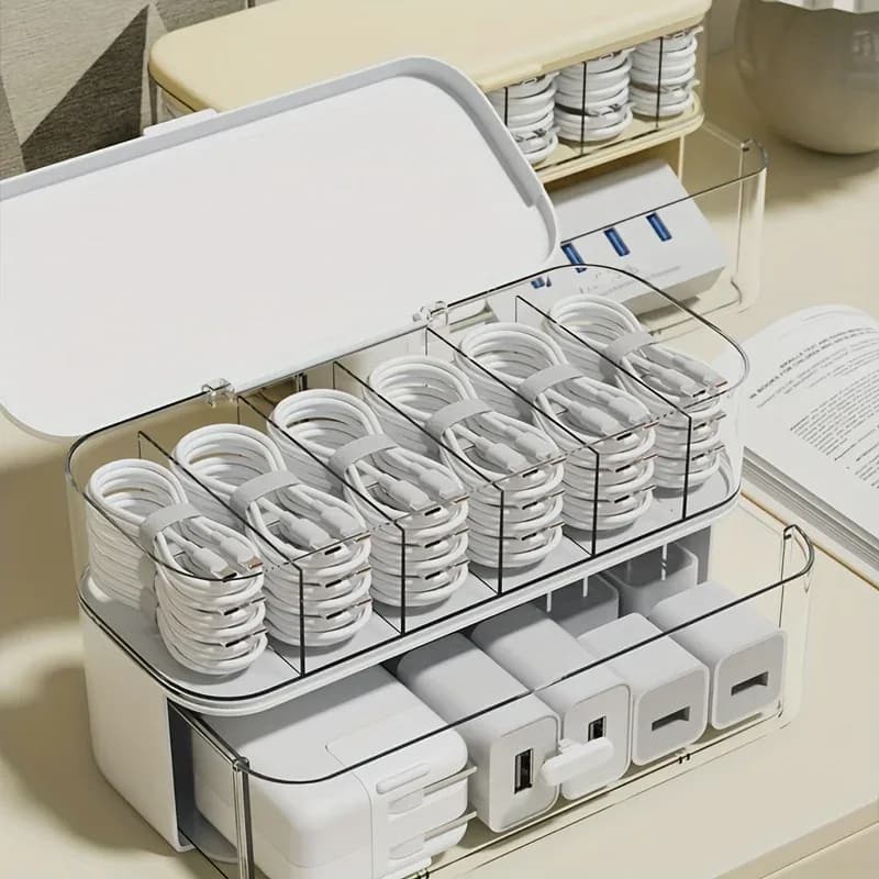 Boîte de rangement transparente pour câbles et chargeurs avec couvercle