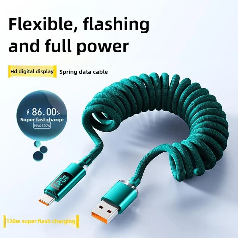 Câble de charge rapide USB-C vers USB-C 120W spiralé avec affichage numérique - Image 1