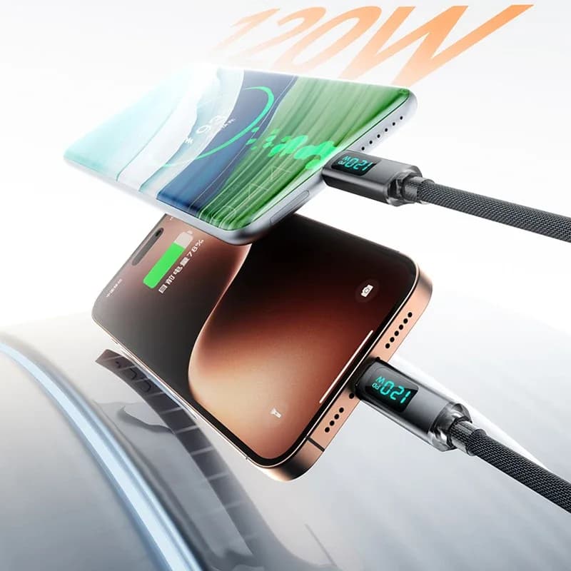 Câble de charge rapide USB-C vers USB-C 120W spiralé avec affichage numérique - Image 5