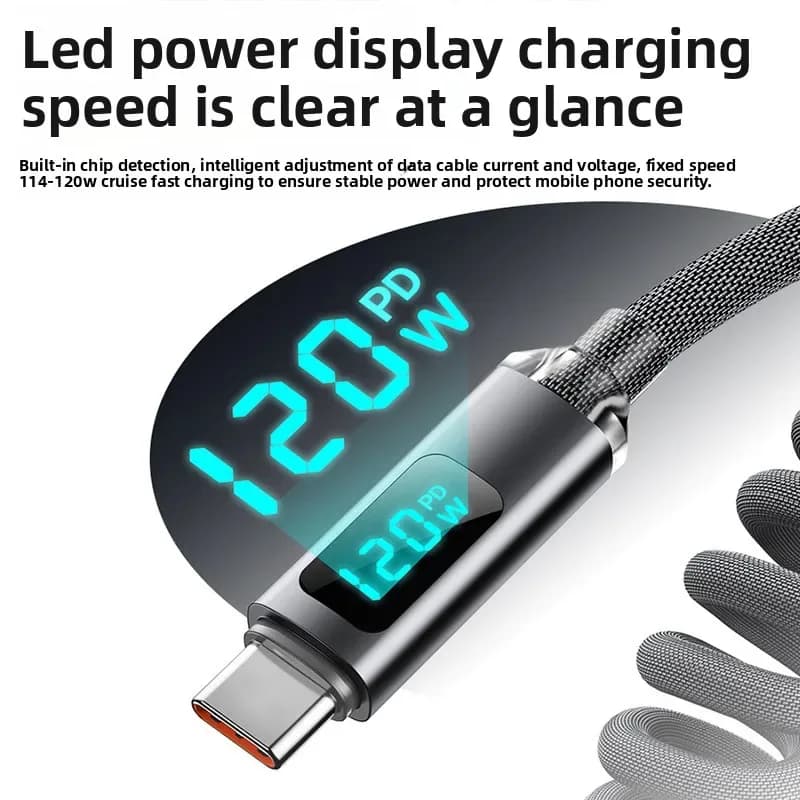 Câble de charge rapide USB-C vers USB-C 120W spiralé avec affichage numérique - Image 3