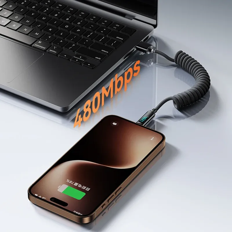 Câble de charge rapide USB-C vers USB-C 120W spiralé avec affichage numérique - Image 4