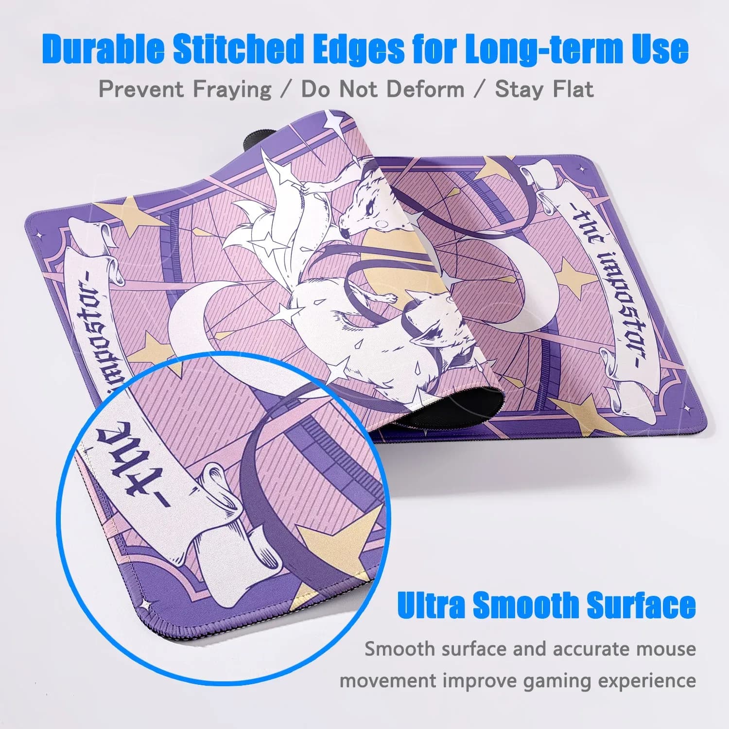 Tapis de souris XXL Renard Anime Violet - Base antidérapante et bords cousus - Image 4