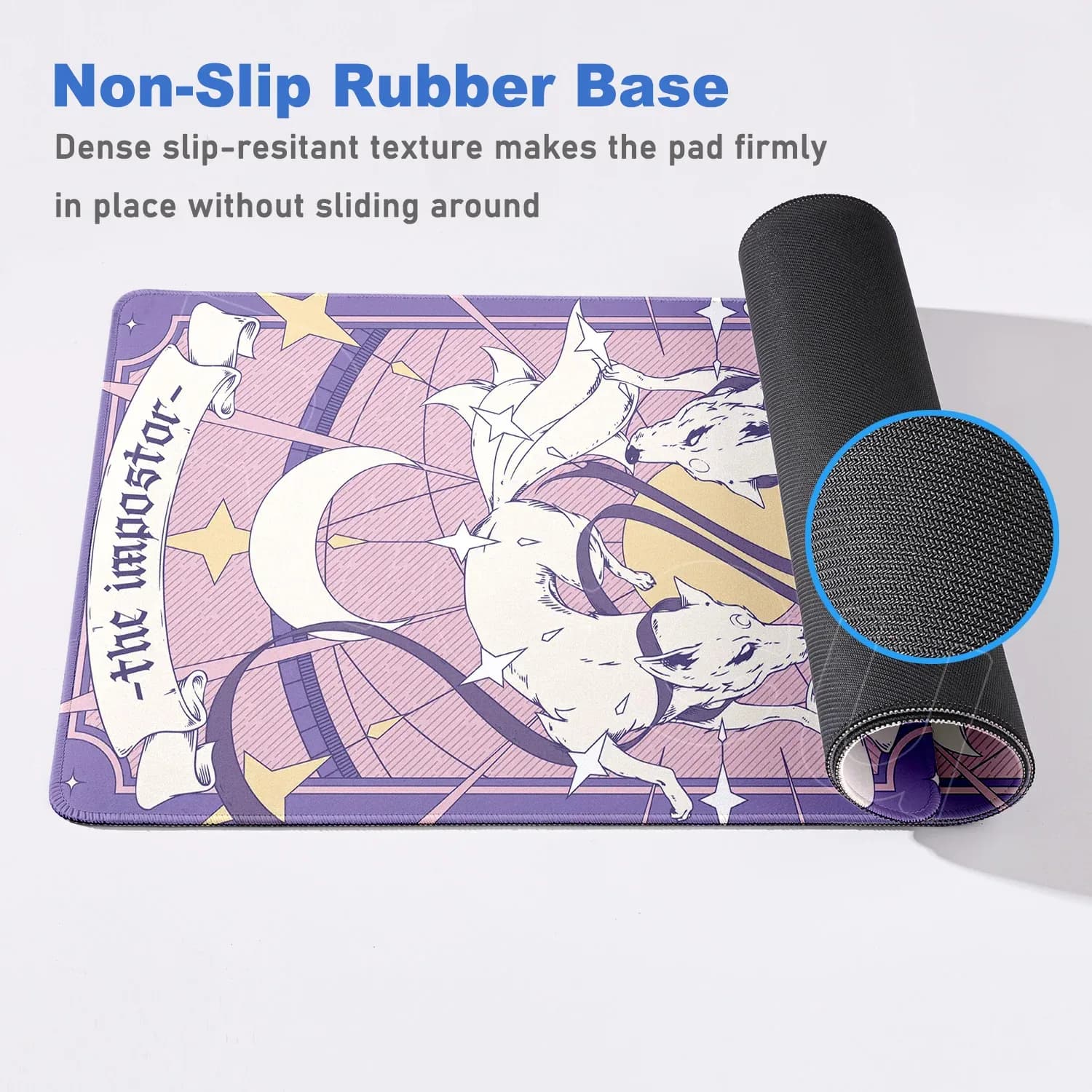 Tapis de souris XXL Renard Anime Violet - Base antidérapante et bords cousus - Image 5