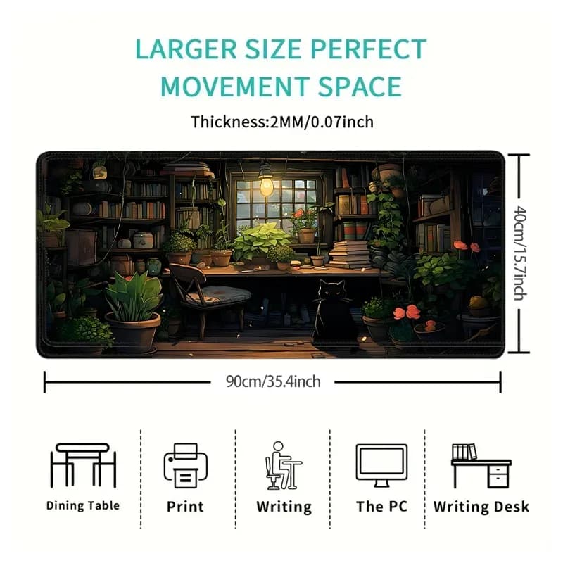 Grand Tapis de Souris Gaming Antidérapant - Motif Chat Noir et Plantes - 900x400 mm - Image 4
