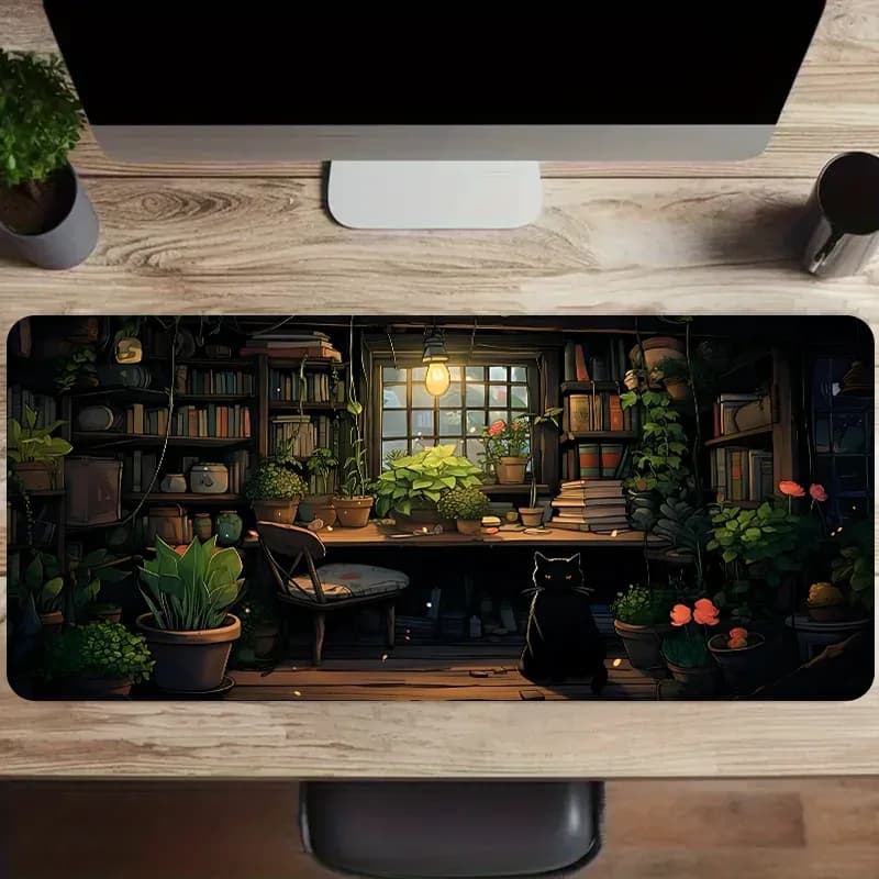 Grand Tapis de Souris Gaming Antidérapant - Motif Chat Noir et Plantes - 900x400 mm - Image 5
