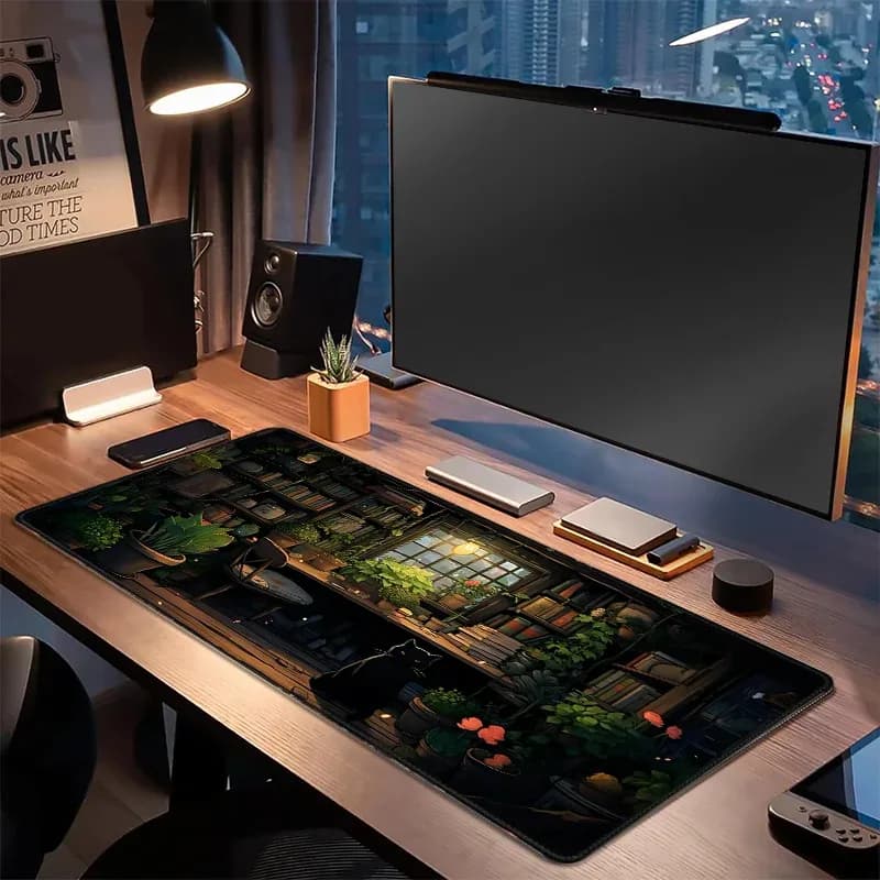 Grand Tapis de Souris Gaming Antidérapant - Motif Chat Noir et Plantes - 900x400 mm - Image 2