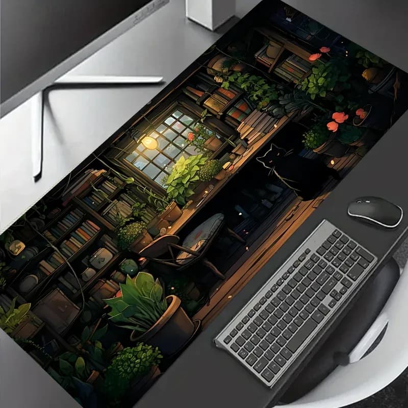 Grand Tapis de Souris Gaming Antidérapant - Motif Chat Noir et Plantes - 900x400 mm slide 7