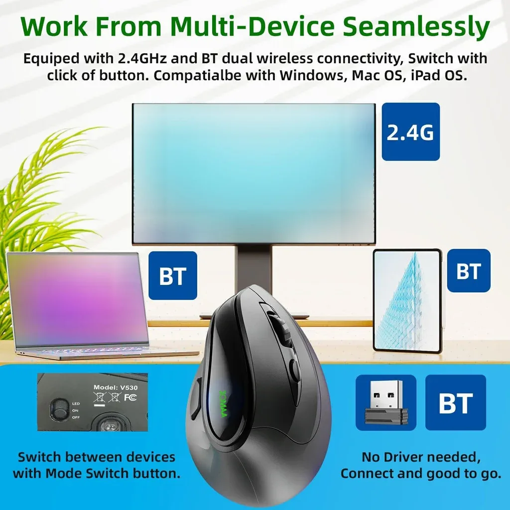 Souris Ergonomique Sans Fil JOMAA RGB - Bluetooth & 2.4G - Rechargeable - 5 Boutons Latéraux - Image 2