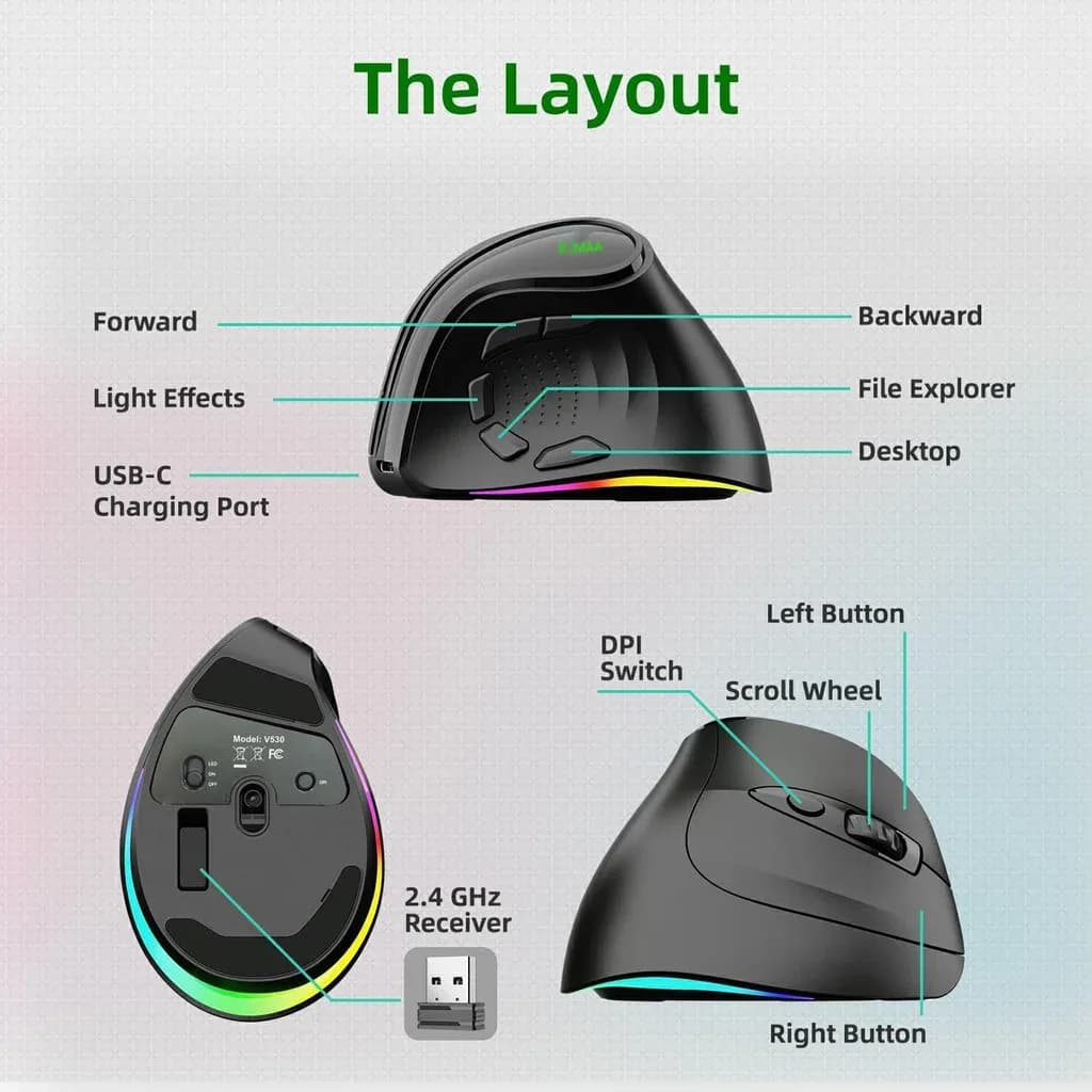 Souris Ergonomique Sans Fil JOMAA RGB - Bluetooth & 2.4G - Rechargeable - 5 Boutons Latéraux - Image 6