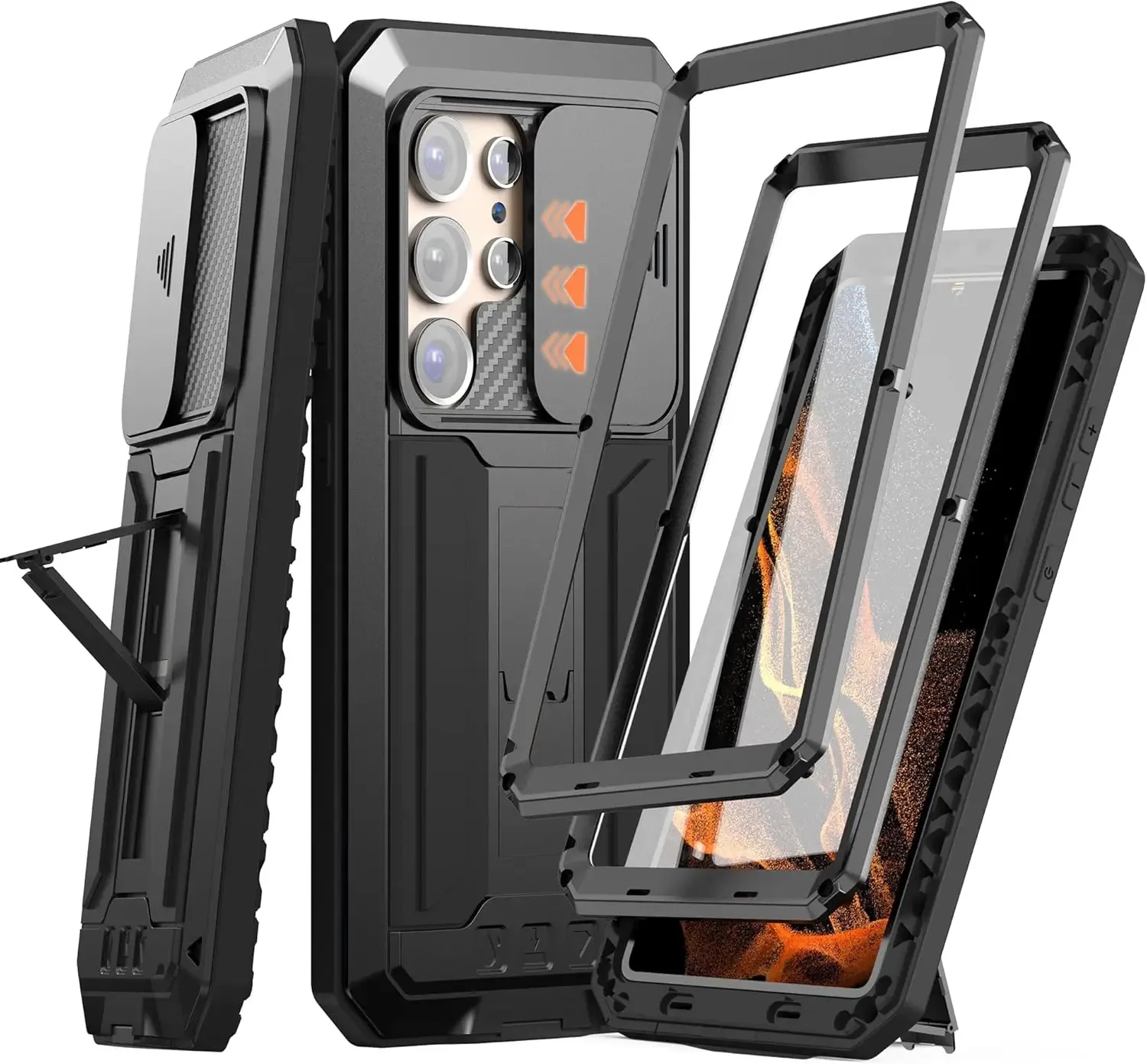 Coque de protection antichoc pour Samsung Galaxy S21/S22/S23/S24/S25, cache-caméra coulissant, support intégré et protection d'écran en verre.