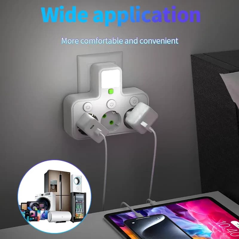 Multiprise murale avec 4 prises secteur, 2 ports USB, 1 port USB-C, interrupteur et veilleuse slide 5